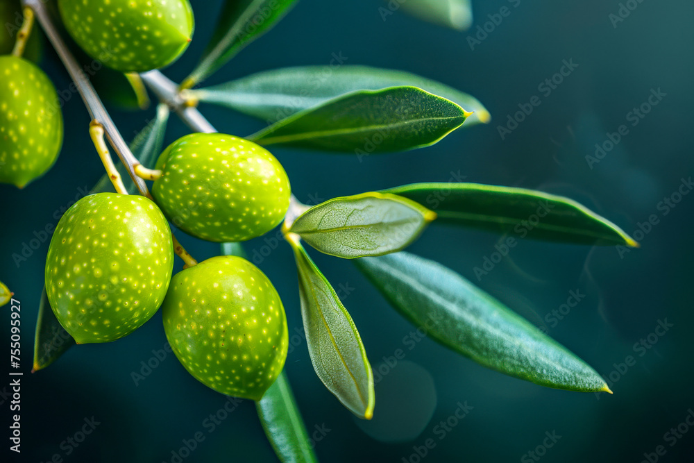 Close-up of green olives attached to a branch with leaves on a dark background Close-up of green olives attached to a branch with leaves on a dark background