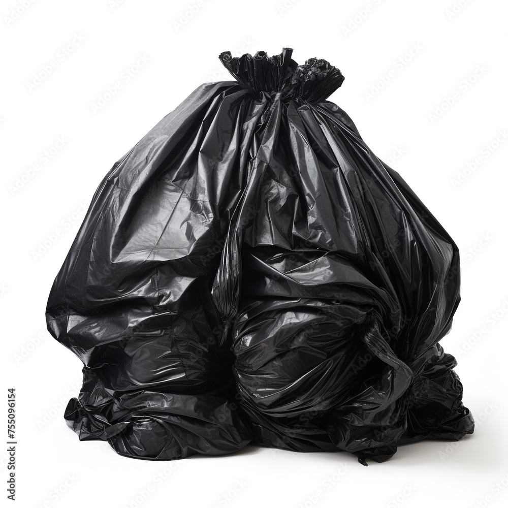 black garbage bag completely tied, white background, professional photo сreated with Generative Ai
