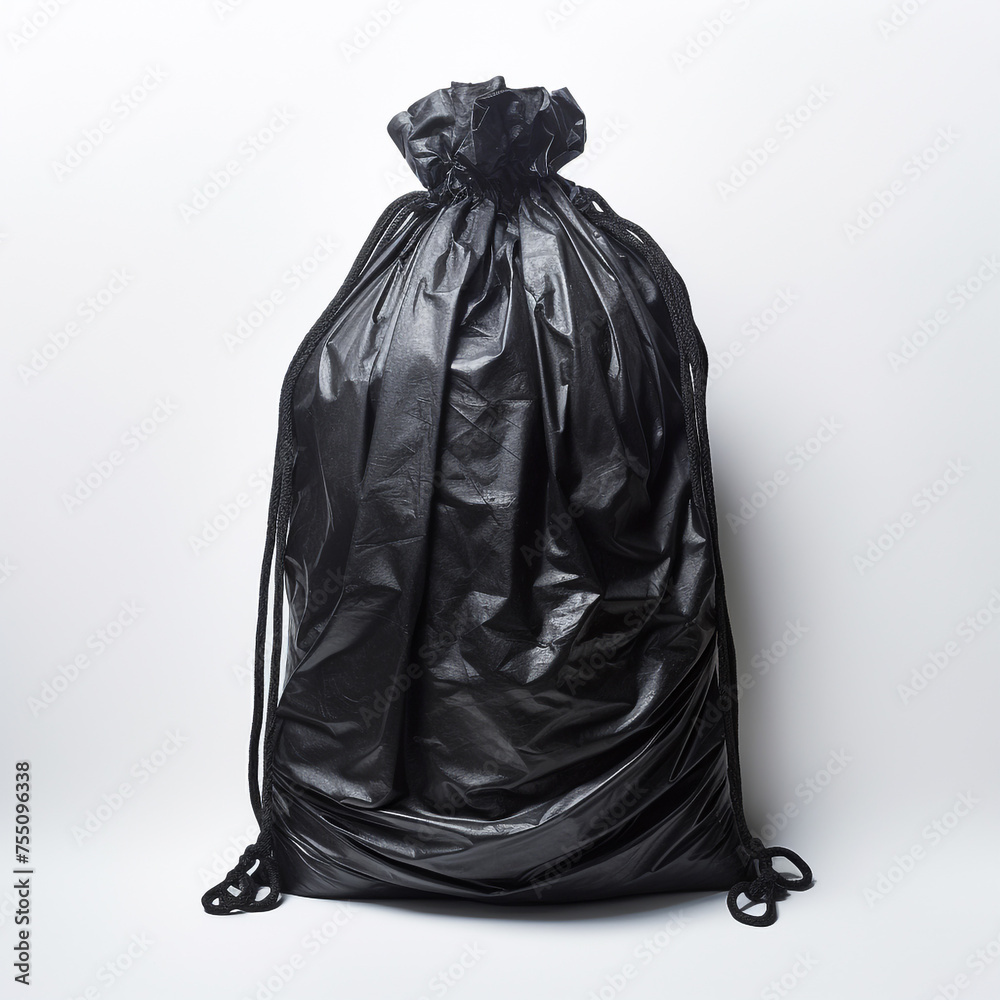 black garbage bag completely tied, white background, professional photo сreated with Generative Ai