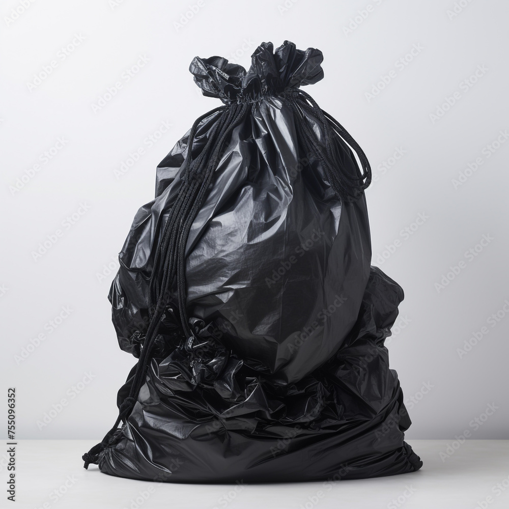 black garbage bag completely tied, white background, professional photo сreated with Generative Ai