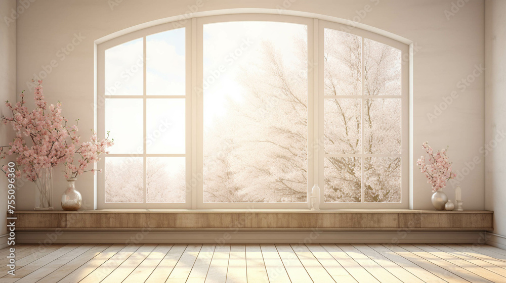 Large and empty living room with big window and spring landscape view Large and empty living room with big window and spring landscape view