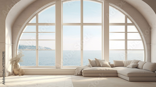Large and empty living room with big window and blue sea view