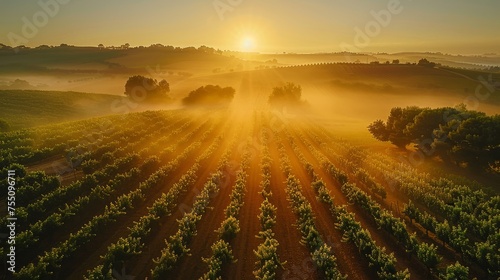 The tranquil early morning mist over orchards and crop fields