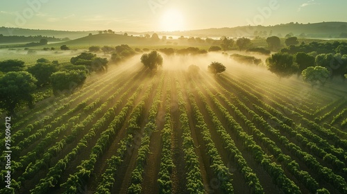 The tranquil early morning mist over orchards and crop fields