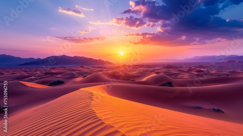 The vibrant sunset casting golden hues over a desert landscape