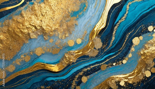acrylic fluid art golden wave of particles and and blue overflows abstract stone background or texture