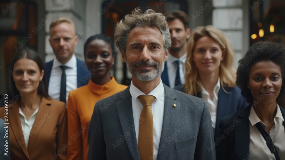 A diverse group of individuals is standing together in front of a large building, looking towards the camera A diverse group of individuals is standing together in front of a large building, looking towards the camera