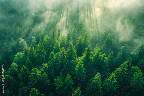 Ethereal morning light pierces the mist above an expansive green forest