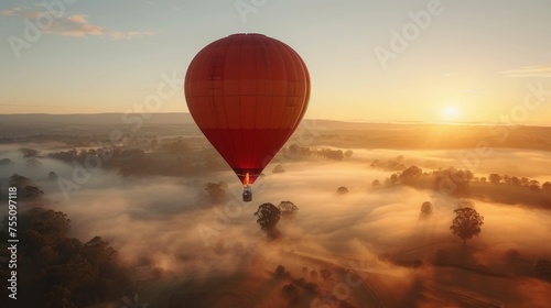 A hot air balloon, filled with multiracial people, floats gracefully in the clear blue sky