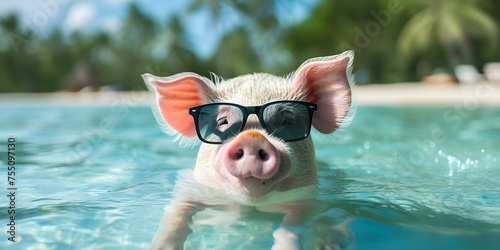 A joyful pig in sunglasses having a fun swim in the outdoors. Concept Lifestyle, Animals, Summer Fun, Outdoor Activities, Swimming © Ян Заболотний