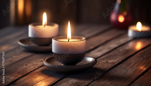 two candles and dramatic lighting on brown wooden background
