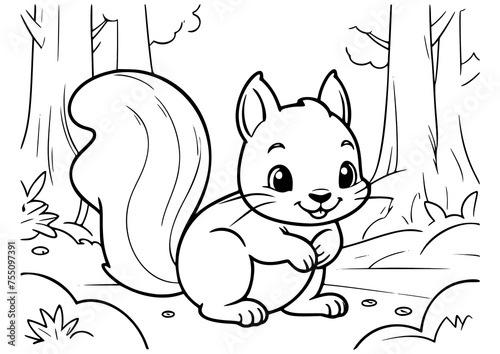 Fototapeta Naklejka Na Ścianę i Meble -  Drawing simple lines squirrel in the forest cute coloring book pages. cartoons for preschool children