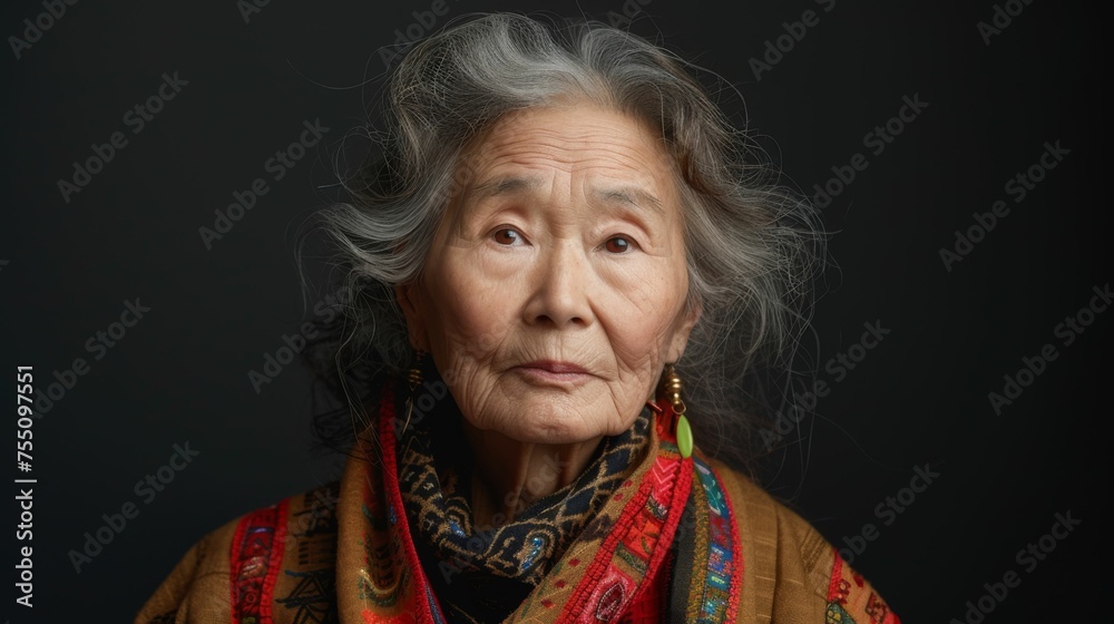 An elderly woman with grey hair is dressed in a scarf, showcasing a mature look An elderly woman with grey hair is dressed in a scarf, showcasing a mature look