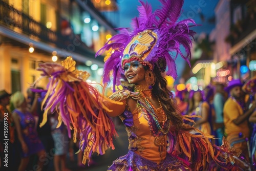 A woman in an elaborate purple and gold carnival costume with feathers dances on a street. The concept is a vibrant street festival.