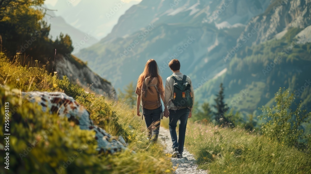 Back view of a couple hiking on a mountain trail, enjoying nature together