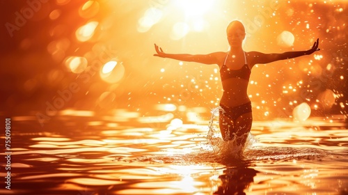 The picture of the young or adult female human doing the yoga pose for relaxation or meditating the mind in the middle of the nature under the bright sun in the daytime of a dawn or dusk day. AIGX03.