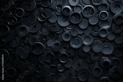 A black wall adorned with numerous circles, creating a visually striking pattern. © pham