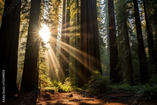 Sunlit Redwood forest trees sun. Natural plant. Generate Ai