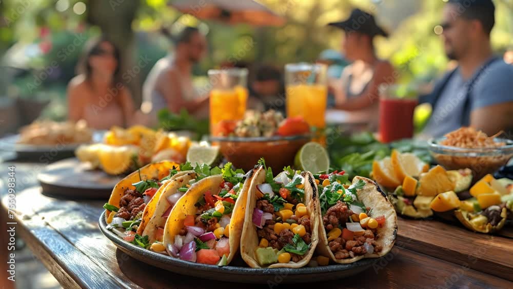 Colorful tacos on rustic table with people enjoying mexican food in outdoor setting