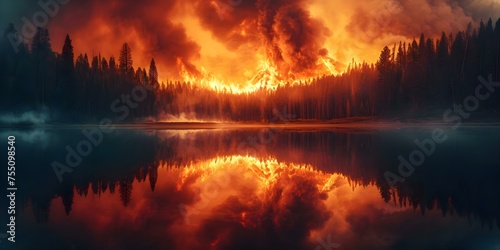 Devastating wildfire engulfs the landscape a fearful force of nature unleashed. Concept Natural Disasters, Wildfires, Climate Change, Environmental Destruction, Emergency Response © Ян Заболотний