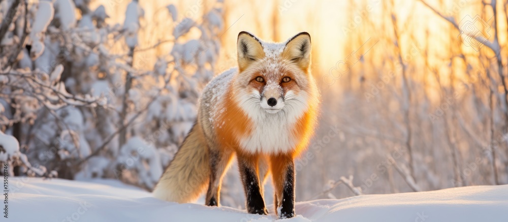 Obraz premium A red fox, a carnivorous terrestrial animal, is standing in the snow, its fur blending with the natural landscape, looking directly at the camera