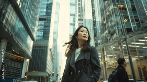 Thoughtful businesswoman in urban cityscape. Corporate fashion and career concept.