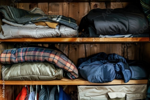 A wooden wardrobe neatly organized with folded winter clothes, including jackets and quilts, indicating seasonal storage. The concept of the image is home organization and seasonal transition.