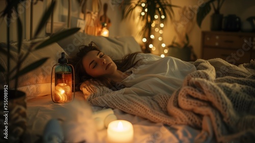 Woman asleep in a cozy bedroom with warm ambient lighting and candles. Serene sleep and tranquil bedroom concept