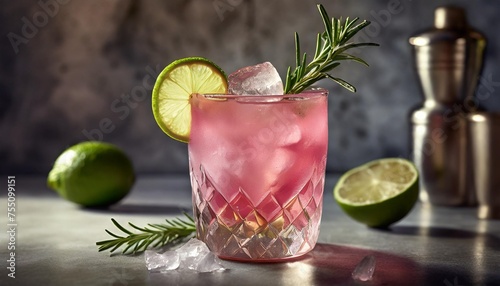 refreshing pink drink or cocktail with ice garnished with a slice of lime and rosemary