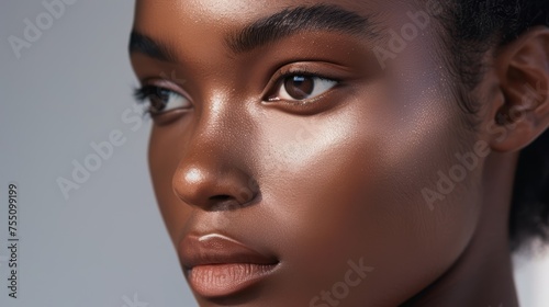 Close-up portrait of a young woman with glowing skin. Beauty and skincare concept. Design for cosmetics,