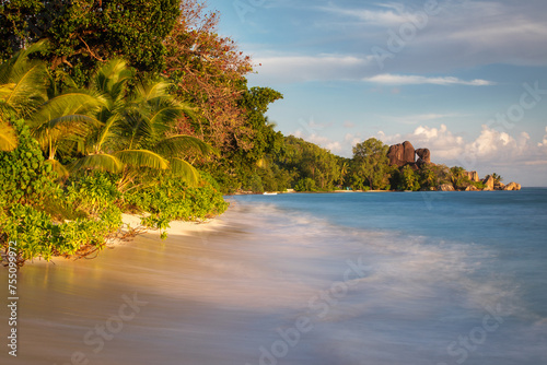 Scenic view of a ropical beach with palm trees and sand in sunlight and turquoise blurred waves in Seychelles photo