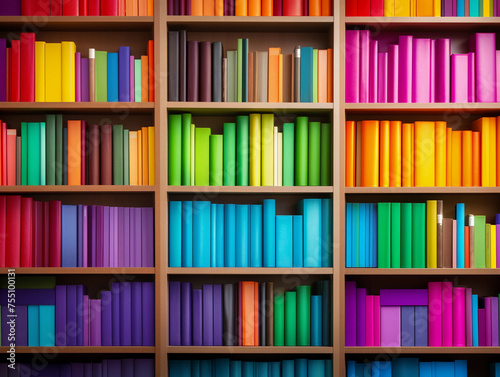 bookshelf with multi-colored books  background consisting of a huge bookshelf lined with colored books of all colors of the rainbow  bright home library background 