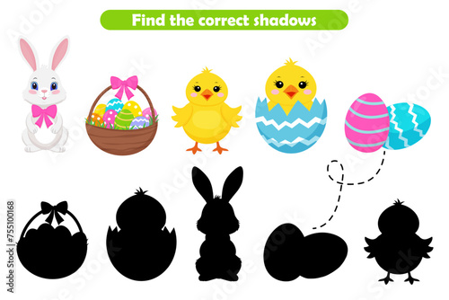 Find the correct shadows Easter set, bunny, chicken, colored eggs. Logic puzzle for children. Find a printable sheet with the correct silhouette. for children 1-4 years old.