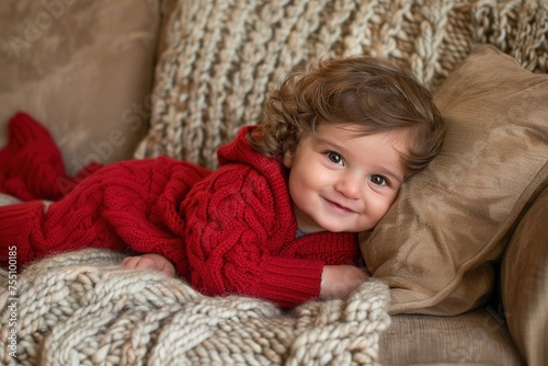 caucasian baby with red sweater looking at camera, children's day