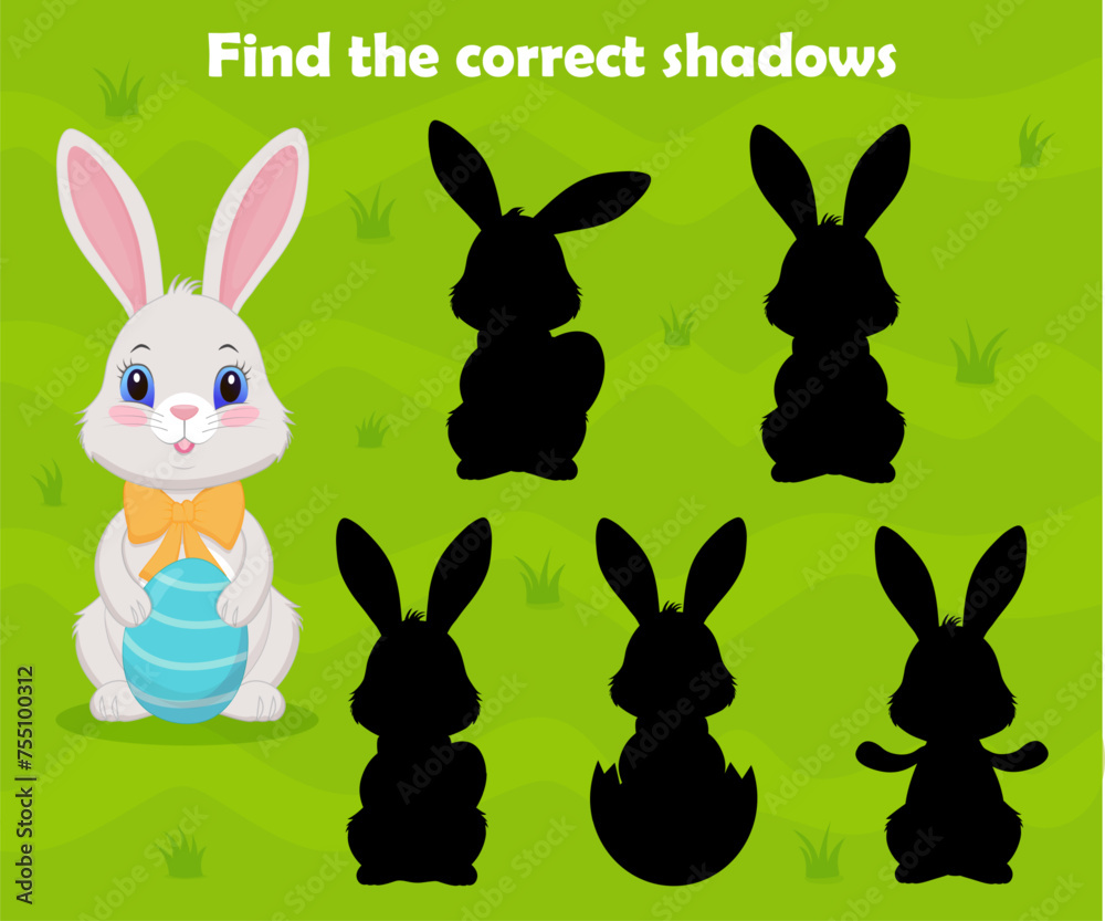 Find the correct shadows of cute Easter bunny. Logical puzzle for kids ...