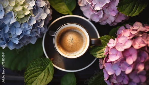 delicious fresh morning espresso coffee with a beautiful thick crema among blossoming pink and purple hydrangea flowers at the florist shop top view #755100544