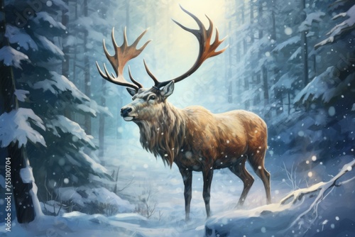 Serene Reindeer winter forest snow. Deer head. Generate Ai © juliars