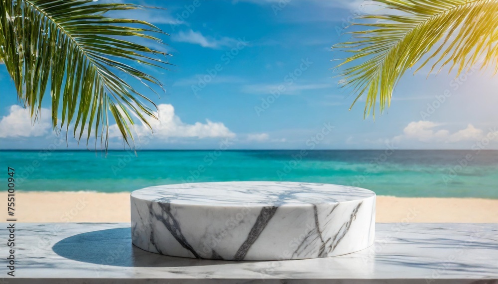 marble podium with beach background for product showcase