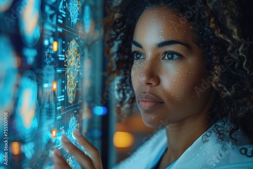 With precision and expertise, a female medical research scientist utilizes advanced technologies to analyze DNA cells, showcasing a deep commitment to unraveling the complexities of genetic research