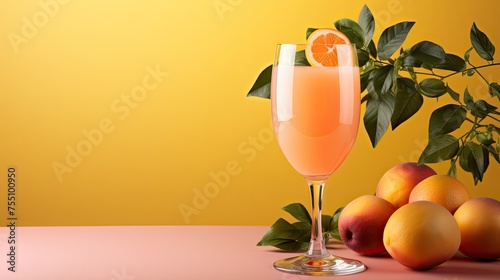 Simple summer alcohol beverage, Peach Bellini cocktail in glass isolated with copy space