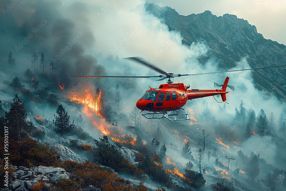 In a scene of urgency and valor, a fire-fighting helicopter swoops low over burning forests, dousing flames with water as it battles to contain the wildfire and protect the natural landscape In a scene of urgency and valor, a fire-fighting helicopter swoops low over burning forests, dousing flames with water as it battles to contain the wildfire and protect the natural landscape