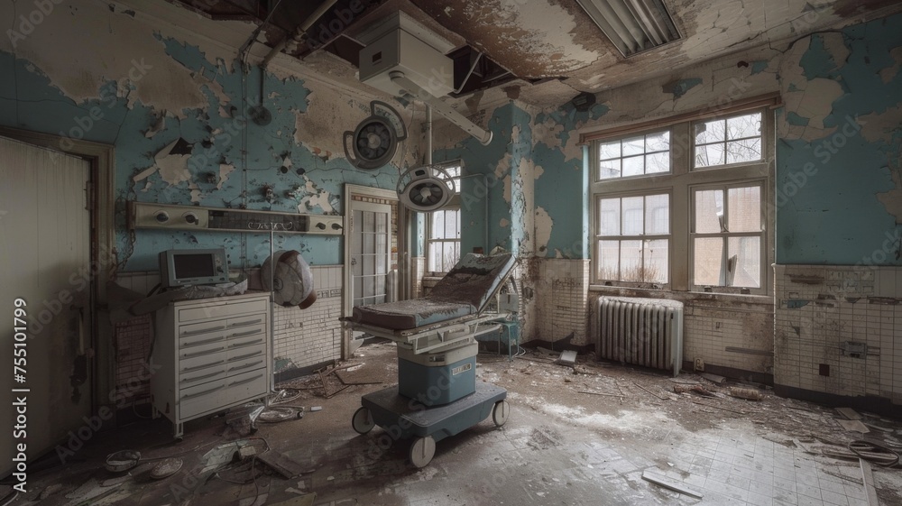 Abandoned medical facility with decaying equipment - A decrepit medical room, paint peeling from walls, with scattered outdated equipment and debris under natural light from windows