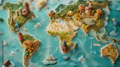 3D illustrated world map with landmarks - This whimsical 3D illustrated map showcases famous landmarks and cultural icons from across the world, inviting a sense of global exploration and adventure