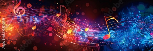Abstract colorful music notes on dark background - An artistic representation of music notes flowing rhythmically across a dark  vibrant backdrop implies creativity and the joy of music