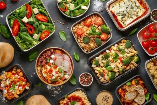 Assortment of international cuisines in containers - An array of delicious and diverse international cuisines presented in convenient take-away containers, showcasing the variety of food options avail photo