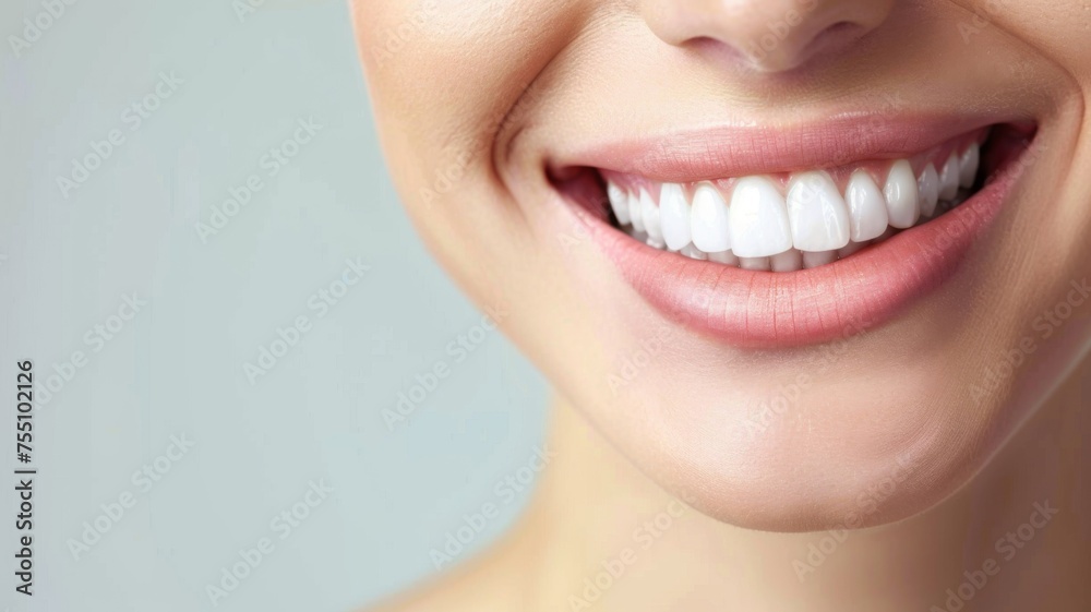 Close-up of a woman's beautiful smile - A detailed close-up showcasing a woman's perfect white teeth symbolizing dental care Close-up of a woman's beautiful smile - A detailed close-up showcasing a woman's perfect white teeth symbolizing dental care
