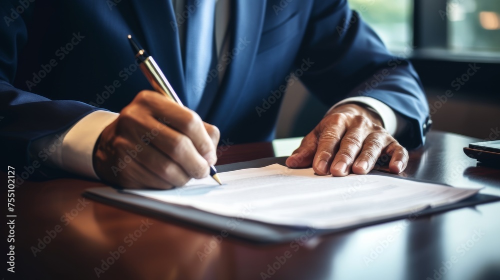 Close-up of a businessman signing a document - Detailed view of a man in a formal suit signing an official paper, depicting decision-making and authority - obrazy, fototapety, plakaty 