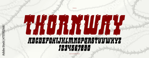 Thorn gothic rock display font for emblems and logos, dangerous blackthorn typeface for headlines and titles, bold serif typography alphabet letters with prickles, italic version.