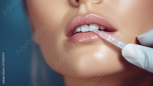 Cosmetic Lip Enhancement Procedure Close-up - Close-up of a cosmetic lip injection enhancing lip volume, performed by a professional with a syringe.