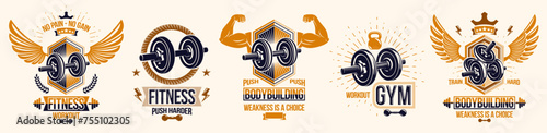 Gym fitness sport emblems and logos vector set isolated with barbells dumbbells kettlebells and muscle body man silhouettes and hands, athletics workout sport club, active lifestyle.